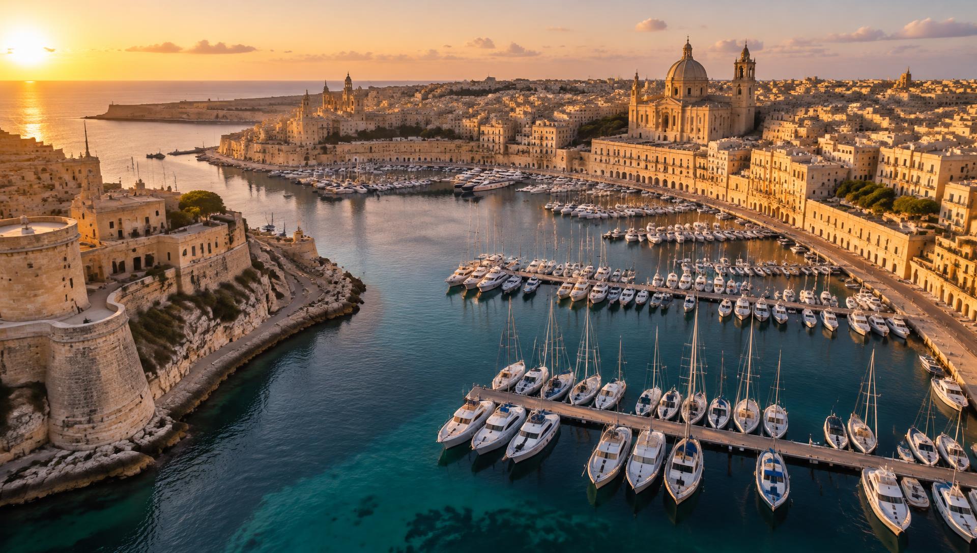 Golden evening light over a Maltese harbour marina